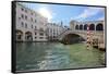 A gondolier rowing under Rialto Bridge in Venice, UNESCO World Heritage Site, Veneto, Italy, Europe-Nando Machado-Framed Stretched Canvas