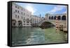 A gondolier rowing under Rialto Bridge in Venice, UNESCO World Heritage Site, Veneto, Italy, Europe-Nando Machado-Framed Stretched Canvas