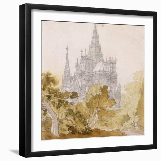 A Gothic Cathederal Near Bauman; Eine Gotische Kathedrale Hinter Baumen, 1814-15-Karl Friedrich Schinkel-Framed Premium Giclee Print