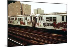 A Graffiti Painted Subway Train with Housing Projects in the Background, May 1973-null-Mounted Photo