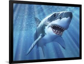 A Great White Shark with Sunrays Just Below the Surface-null-Framed Art Print