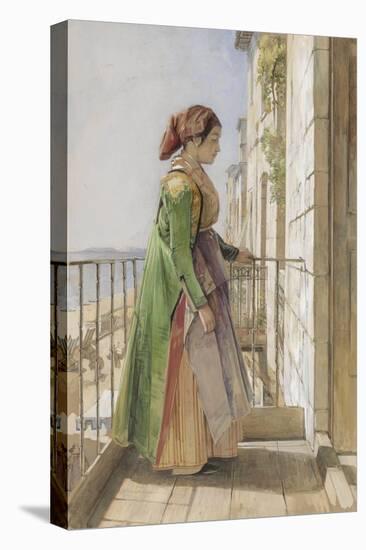 A Greek Girl Standing on a Balcony, C.1840 (W/C and Gouache over Graphite on Paper)-John Frederick Lewis-Stretched Canvas