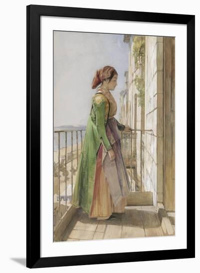 A Greek Girl Standing on a Balcony, C.1840 (W/C and Gouache over Graphite on Paper)-John Frederick Lewis-Framed Giclee Print