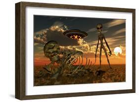 A Grey Alien Looking at Humanoid Remains as a Ufo Flys Overhead-Stocktrek Images-Framed Art Print