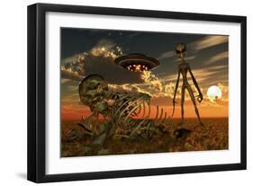 A Grey Alien Looking at Humanoid Remains as a Ufo Flys Overhead-Stocktrek Images-Framed Art Print