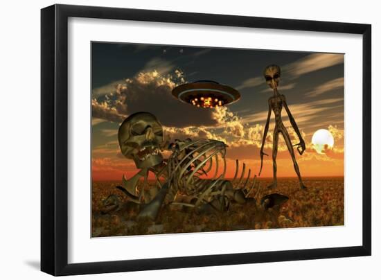 A Grey Alien Looking at Humanoid Remains as a Ufo Flys Overhead-Stocktrek Images-Framed Art Print