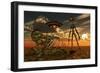 A Grey Alien Looking at Humanoid Remains as a Ufo Flys Overhead-Stocktrek Images-Framed Art Print
