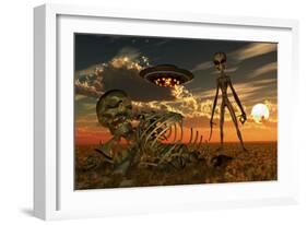 A Grey Alien Looking at Humanoid Remains as a Ufo Flys Overhead-Stocktrek Images-Framed Art Print