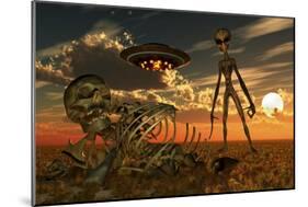 A Grey Alien Looking at Humanoid Remains as a Ufo Flys Overhead-Stocktrek Images-Mounted Art Print