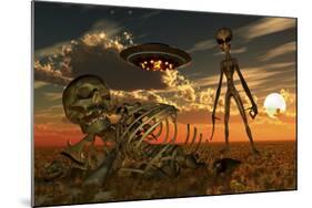 A Grey Alien Looking at Humanoid Remains as a Ufo Flys Overhead-Stocktrek Images-Mounted Art Print