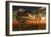 A Grey Alien Looking at Humanoid Remains as a Ufo Flys Overhead-Stocktrek Images-Framed Premium Giclee Print