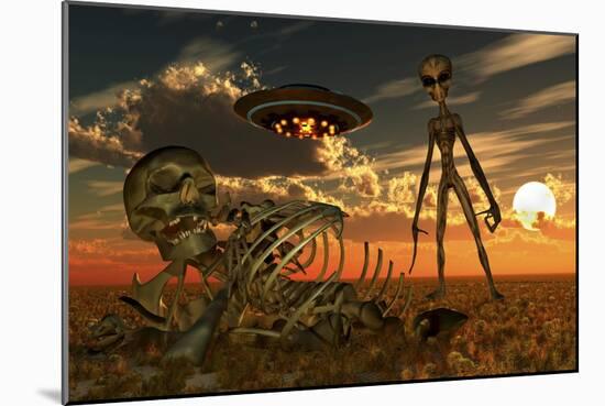 A Grey Alien Looking at Humanoid Remains as a Ufo Flys Overhead-Stocktrek Images-Mounted Premium Giclee Print