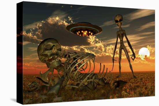 A Grey Alien Looking at Humanoid Remains as a Ufo Flys Overhead-Stocktrek Images-Stretched Canvas