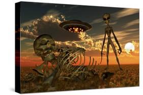 A Grey Alien Looking at Humanoid Remains as a Ufo Flys Overhead-Stocktrek Images-Stretched Canvas