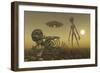 A Grey Alien Looking at Humanoid Remains as a Ufo Flys Overhead-Stocktrek Images-Framed Art Print