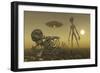 A Grey Alien Looking at Humanoid Remains as a Ufo Flys Overhead-Stocktrek Images-Framed Art Print