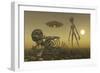 A Grey Alien Looking at Humanoid Remains as a Ufo Flys Overhead-Stocktrek Images-Framed Art Print