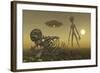 A Grey Alien Looking at Humanoid Remains as a Ufo Flys Overhead-Stocktrek Images-Framed Art Print