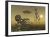 A Grey Alien Looking at Humanoid Remains as a Ufo Flys Overhead-Stocktrek Images-Framed Art Print