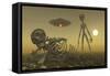 A Grey Alien Looking at Humanoid Remains as a Ufo Flys Overhead-Stocktrek Images-Framed Stretched Canvas