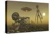 A Grey Alien Looking at Humanoid Remains as a Ufo Flys Overhead-Stocktrek Images-Stretched Canvas
