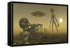 A Grey Alien Looking at Humanoid Remains as a Ufo Flys Overhead-Stocktrek Images-Framed Stretched Canvas