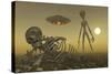 A Grey Alien Looking at Humanoid Remains as a Ufo Flys Overhead-Stocktrek Images-Stretched Canvas