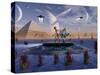 A Grey Alien Visits the Site of Three Pyramids on an Alien World-Stocktrek Images-Stretched Canvas