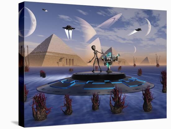 A Grey Alien Visits the Site of Three Pyramids on an Alien World-Stocktrek Images-Stretched Canvas