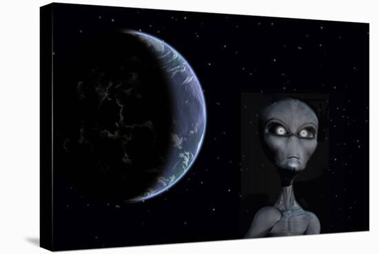 A Grey Alien with Planet Earth in the Background-null-Stretched Canvas