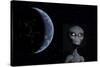 A Grey Alien with Planet Earth in the Background-null-Stretched Canvas