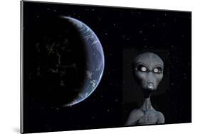 A Grey Alien with Planet Earth in the Background-null-Mounted Art Print