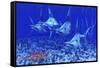 A Group of Blue Marlin with Two Siamese Tigerfish Anda Basket Star-null-Framed Stretched Canvas