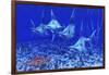 A Group of Blue Marlin with Two Siamese Tigerfish Anda Basket Star-null-Framed Art Print