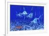 A Group of Blue Marlin with Two Siamese Tigerfish Anda Basket Star-null-Framed Art Print