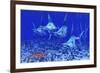 A Group of Blue Marlin with Two Siamese Tigerfish Anda Basket Star-null-Framed Art Print