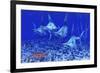 A Group of Blue Marlin with Two Siamese Tigerfish Anda Basket Star-null-Framed Art Print