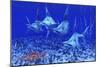 A Group of Blue Marlin with Two Siamese Tigerfish Anda Basket Star-null-Mounted Premium Giclee Print