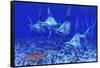 A Group of Blue Marlin with Two Siamese Tigerfish Anda Basket Star-null-Framed Stretched Canvas