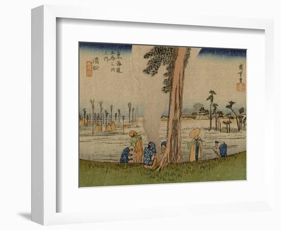 A Group of Clerks Warm Up by a Fire, in the Background Barren Rice Fields-Utagawa Hiroshige-Framed Art Print