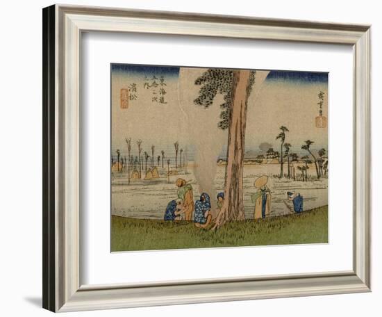 A Group of Clerks Warm Up by a Fire, in the Background Barren Rice Fields-Utagawa Hiroshige-Framed Art Print