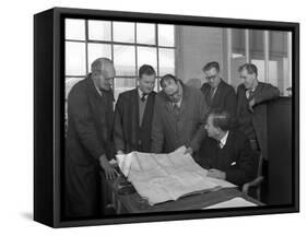 A Group of Foundry Staff with Technical Drawings, Sheffield, South Yorkshire, 1963-Michael Walters-Framed Stretched Canvas