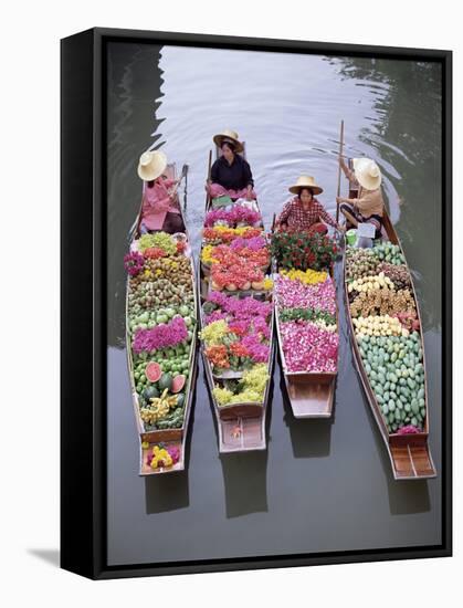 A Group of Four Women Market Traders in Boats Laden with Fruit and Flowers, Thailand-Gavin Hellier-Framed Stretched Canvas