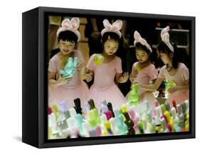 A Group of Girls Dressing as Bunny Rabbits Play with Rabbit Figures-null-Framed Stretched Canvas