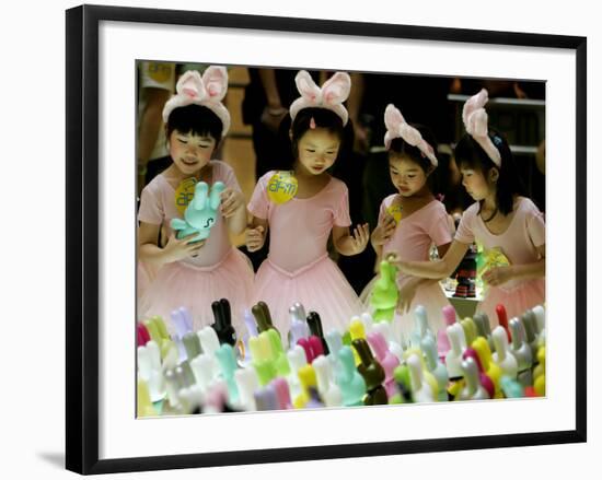 A Group of Girls Dressing as Bunny Rabbits Play with Rabbit Figures-null-Framed Photographic Print