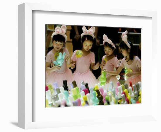 A Group of Girls Dressing as Bunny Rabbits Play with Rabbit Figures-null-Framed Photographic Print