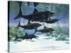 A Group of Ichthyosaurs Swimming in Prehistoric Waters-null-Stretched Canvas