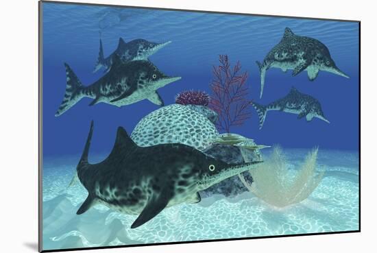 A Group of Large Ichthyosaurus Marine Reptiles Swimming in Prehistoric Waters-null-Mounted Premium Giclee Print