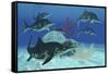 A Group of Large Ichthyosaurus Marine Reptiles Swimming in Prehistoric Waters-null-Framed Stretched Canvas