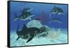 A Group of Large Ichthyosaurus Marine Reptiles Swimming in Prehistoric Waters-null-Framed Stretched Canvas